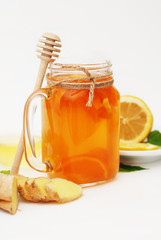 Glass of Fruit tea Dring. Ginger, lemon and Honey. Health food Concept. Healthy Drink.