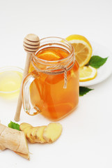 Glass of Fruit tea Dring. Ginger, lemon and Honey. Health food Concept. Healthy Drink.
