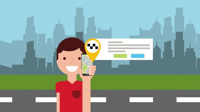 animation character with mobile taxi app and street city background