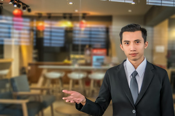 Asian man with customer service blurred background.Using life insurance or Health, business or welcome photo and lifestyle image