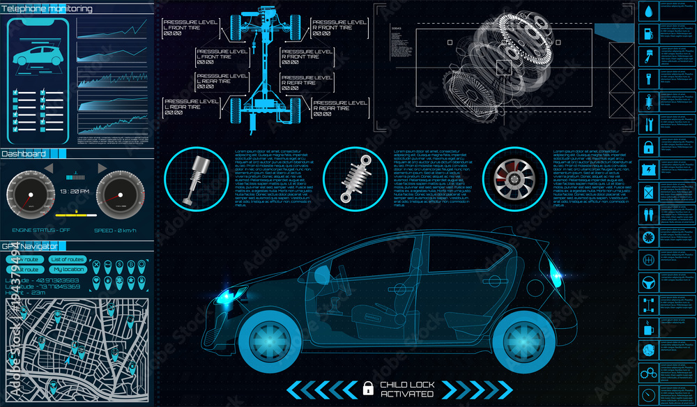 Fototapete Car infographics. HUD for the application. Virtual graphical interface Ui HUD Autoscanning, analysis and diagnostics, Abstract vector science.  auto service . phone control, Futuristic user interface