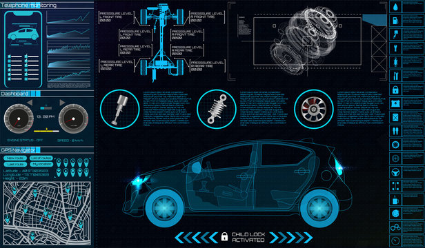 Car infographics. HUD for the application. Virtual graphical interface Ui HUD Autoscanning, analysis and diagnostics, Abstract vector science.  auto service . phone control, Futuristic user interface