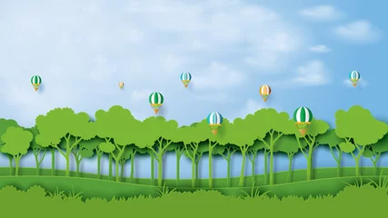 Gordijnen Green silhouette forest plantation and blue sky landscape abstract background.Nature and environment conservation concept flat design.Vector illustration. © Man As Thep