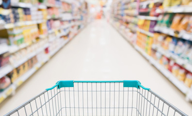 Empty shopping cart with abstract blur supermarket discount store aisle and product shelves interior defocused background