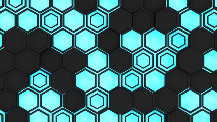Abstract 3d background made of black hexagons on blue glowing background