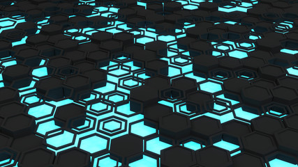 Abstract 3d background made of black hexagons on blue glowing background
