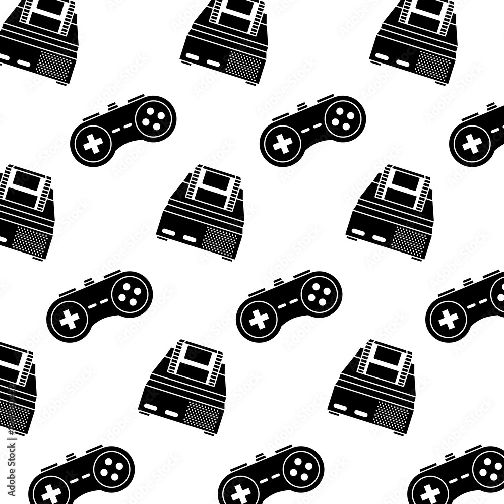 Poster retro video game console and gamepad pattern vector illustration black and white design