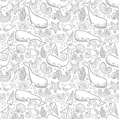 Graphic whales flying in the sky. Sea and ocean creatures. Vector fantasy seamless pattern. Coloring book page design for adults and kids