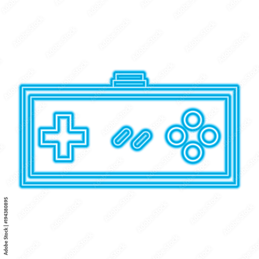 Poster video game controller retro push button vector illustration blue neon line design