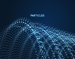 Array with dynamic emitted particles. 3d technology style. A glowing grid. Abstract background. Vector illustration.