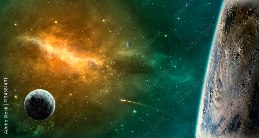 Sticker space scene. green and orange nebula with planets. elements furnished by nasa. 3d rendering