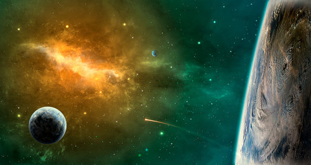 Space scene. Green and orange nebula with planets. Elements furnished by NASA. 3D rendering © Space Creator