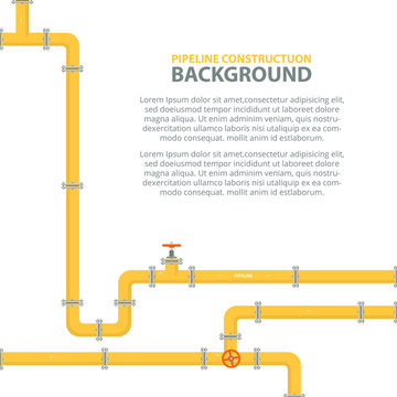 Industrial background with yellow pipeline. Oil, water or gas pipeline with fittings and valves. Vector illustration in a flat style.