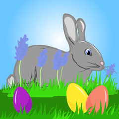 A hare on the grass, Easter eggs. Vector illustration