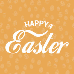 Happy Easter greeting card with eggs on orange background. Vector.