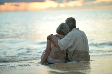 Rear view of elderly couple standing on sandy beach during sunse
