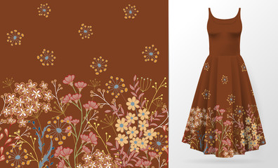Cute pattern in small simple flowers. Seamless background and seamless border. An example of the pattern of the dress mock up. Vector illustration. Brown floral pattern.