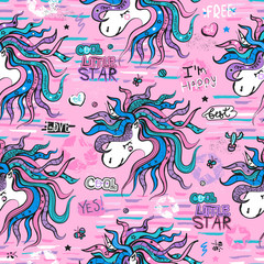Seamless pattern with unicorns on a pink background. Kids illustration for design prints, clothes, textiles, cards and birthday invitations.  Vector Background for girl with stickers, pins, patches.