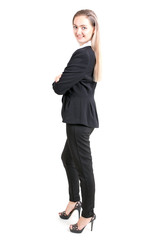 Businesswoman standing with smile isolated on white background.