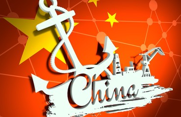 Anchor, lighthouse, ship and crane icons on brush stroke. Calligraphy inscription. China city name text. 3D illustration.