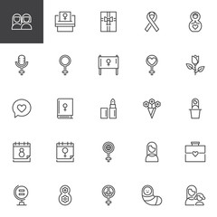 Woman's day outline icons set. linear style symbols collection, line signs pack. vector graphics. Set includes icons as female, girl, mother, gender, sex, feminism, venus, equality, daughter friends