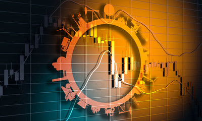 Forex candlestick pattern. Trading chart concept. Financial market chart. 3D rendering. Circle with industry relative silhouettes