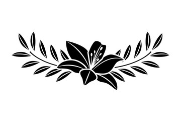 cute flower lily and branch with leaves foliage decoration vector illustration black image