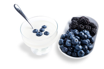 Healthy Greek yogurt bowl with fresh berry, on a white background