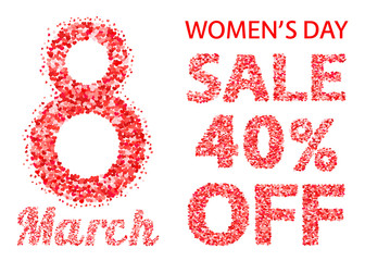 International Women's Day sale banner with letters and numbers of scattered hearts confetti. March 8 vector illustration isolated on white background.  Easy to edit design template.