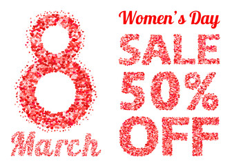 International Women's Day sale banner with letters and numbers of scattered hearts confetti. March 8 vector illustration isolated on white background.  Easy to edit design template.