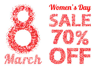 Fototapeta premium International Women's Day sale banner with letters and numbers of scattered hearts confetti. March 8 vector illustration isolated on white background. Easy to edit design template.