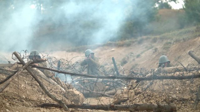 Soldiers in the tranches, slow motion