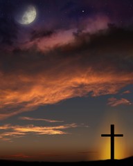 Cross on a hill . Cross on sunset sky background . Silhouette god's cross