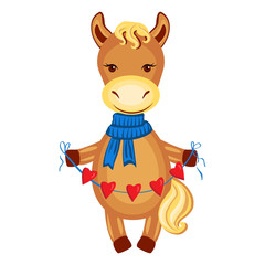 Lover horse with garland of hearts vector kid cartoon animal, domestic cute foal in scarf isolated on white background, Character design for holiday greeting card, children invitation, valentines days