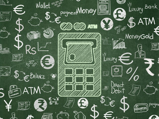 Money concept: Chalk Green ATM Machine icon on School board background with  Hand Drawn Finance Icons, School Board
