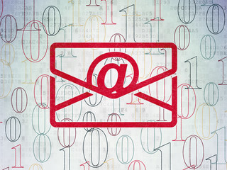 Finance concept: Painted red Email icon on Digital Data Paper background with  Binary Code