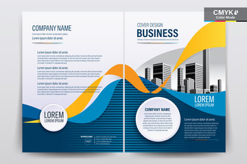 Brochure, Booklet, Cover Layout Design with Blue and Orange Wavy, A4 Size Vector Template