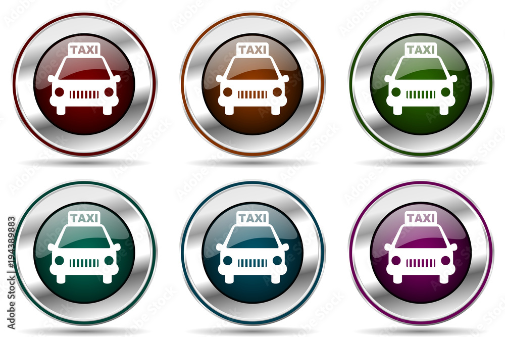 Poster taxi vector icon set. silver metallic chrome border icons for web design and smartphone applications