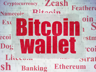 Cryptocurrency concept: Painted red text Bitcoin Wallet on Digital Data Paper background with   Tag Cloud