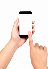 Young woman hand holding and touch screen smart phon on white background.
