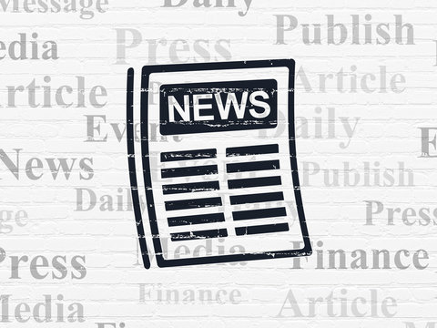 News concept: Painted black Newspaper icon on White Brick wall background with  Tag Cloud