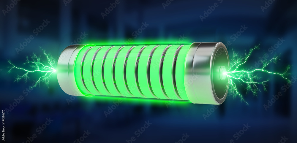 Poster green battery with lightnings 3d rendering
