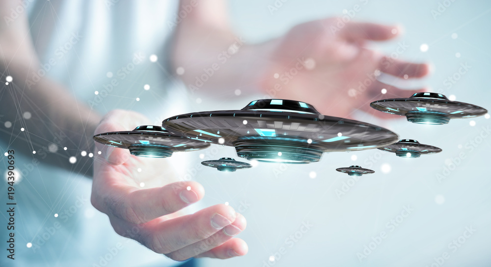 Poster businessman with retro ufo spaceship 3d rendering
