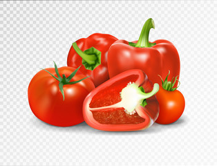 Photo-realistic vector. Red tomato and paprika vegetables. A set of products for a vegetable dish is lecho letscho lecso.
