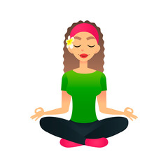 Obraz na płótnie Canvas Cartoon young beautiful girl practicing yoga in a lotus pose. Flat vector women meditates and relaxes. Physical and spiritual therapy concept. Mind body spirit. Lady in lotus position.
