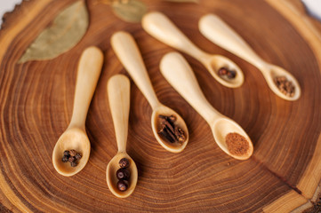 wooden spoons with spices