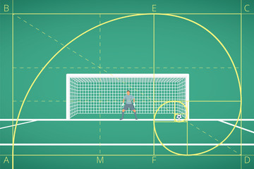 Football / Soccer Goalkeeper Stand at Goal on Field. Mathematical Calculation of Flight of Ball. Principle of The Golden Ratio.
