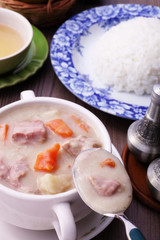 A bowl of creamy pork stew. 