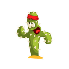 Warlike cactus character, succulent plant with funny face vector Illustration on a white background