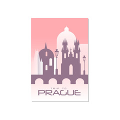 Trip to Prague, travel poster template, touristic greeting card, vector Illustration for magazine, presentation, banner
